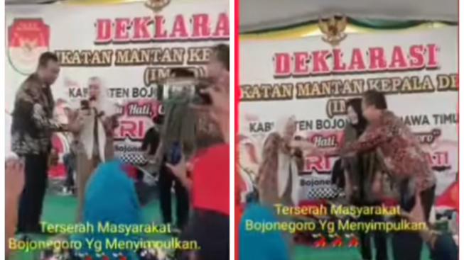 Viral video seorang anggota DPRD Jatim Budiono yang diduga menyawer Bupati Bojonegoro, Anna Mu'awanah. Hal ini terjadi dalam salah satu acara deklarasi di daerah Bojonegoro. (IST)
